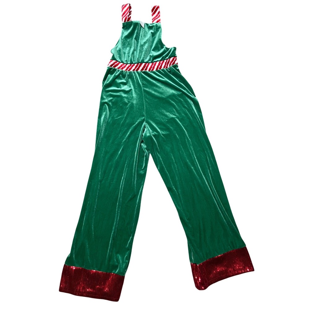 No Boundaries‎ Christmas Elf Velvet Jumpsuit-Green-Red Sequin Gingerbread - Picture 3 of 6